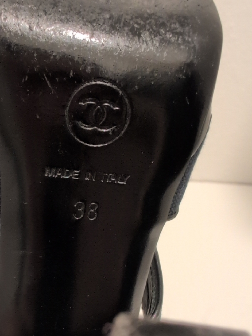 CHANEL Black Patent & Denim Crisscross Peep-Toe Ankle-Strap Heels - Picture 6 of 6